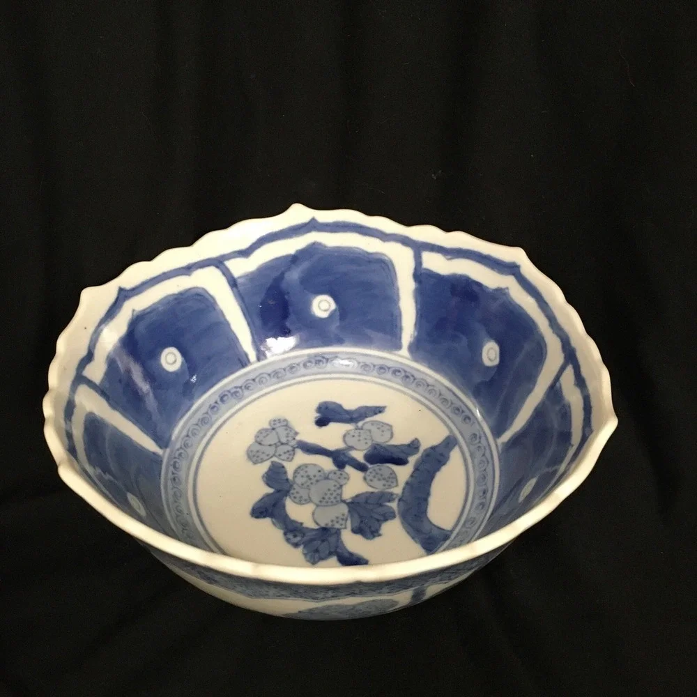 Vintage Asian Blue and White Loquat Kangaroo Rabbit ? Porcelain Bone China Bowl